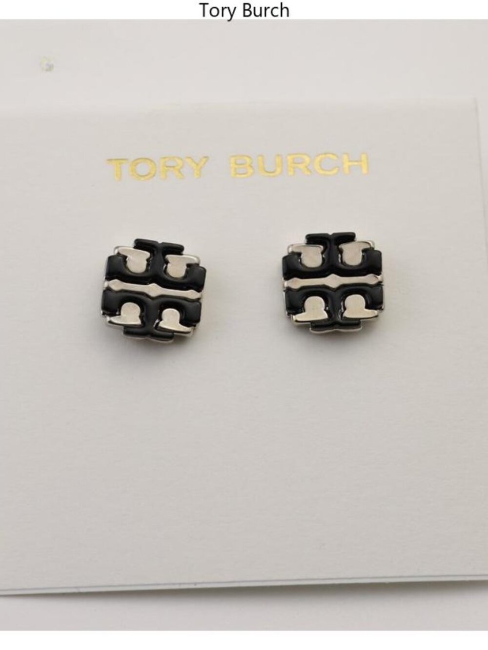 Tory Burch Black and Silver Enamel Logo Stud Charms
